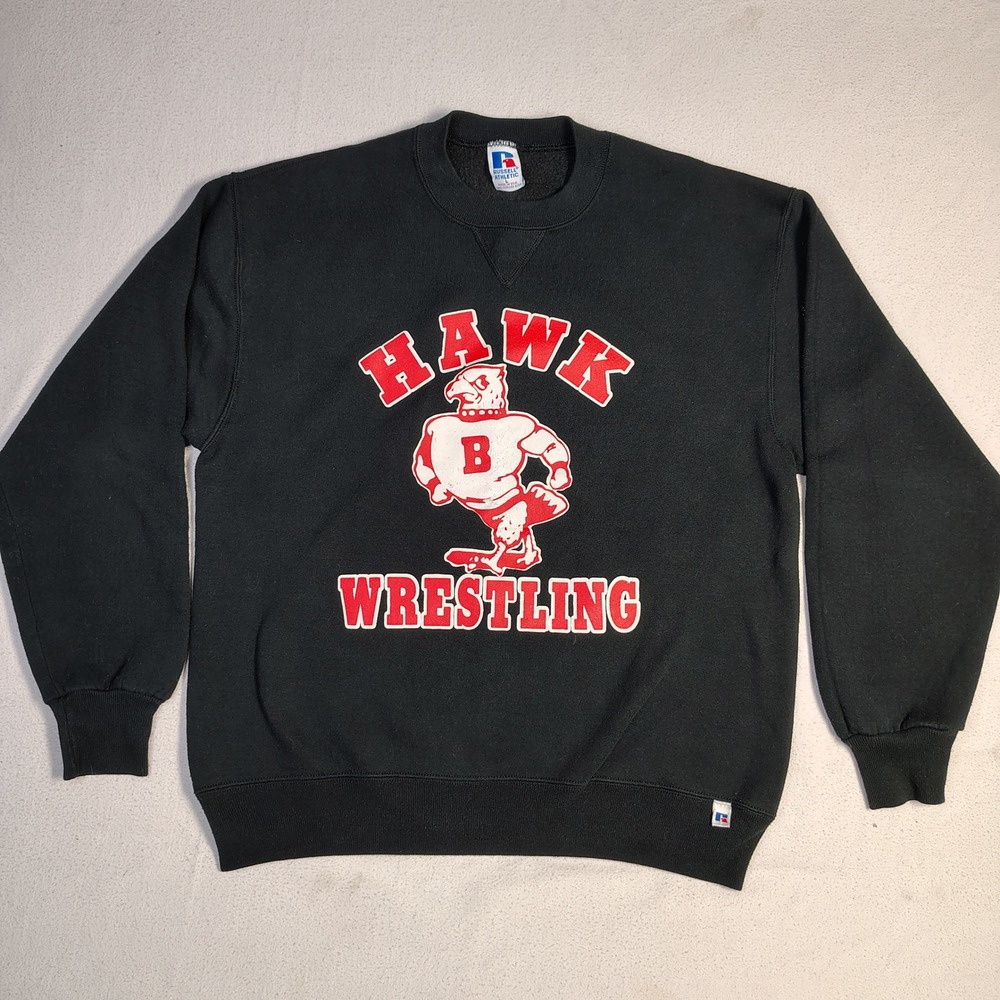 VTG Russell Athletic Wrestling Sweatshirt Large Black Cotton Bozeman Hawk USA